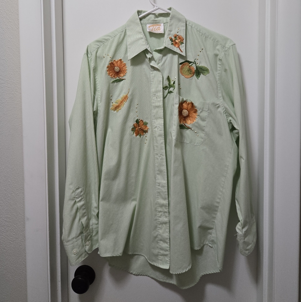 Green Striped Button Up with Orange Patches
